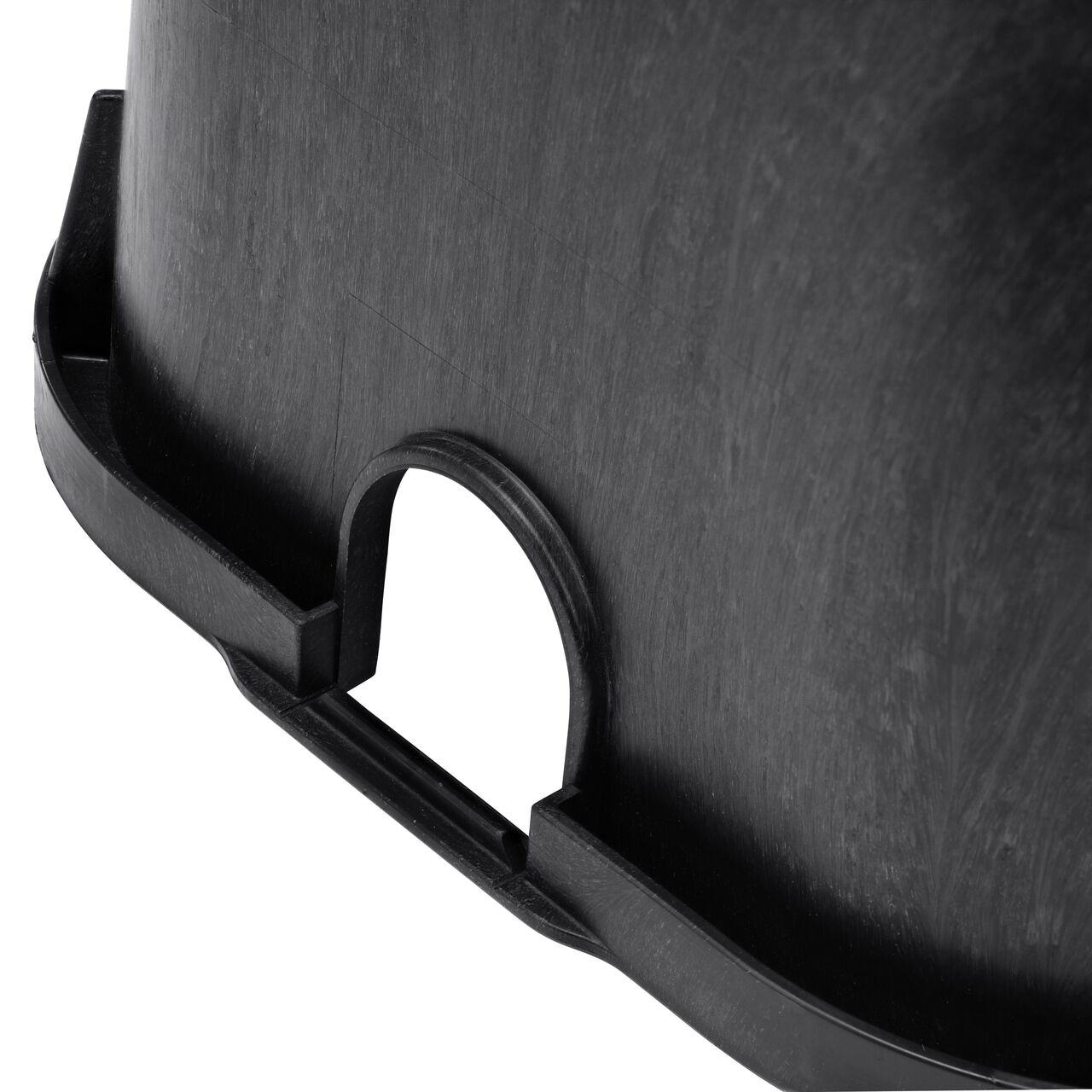 Closeup view of the pipe hole on the black NDS 14 x 19 in. Square Black Box (NDS 113B) for water and irrigation pipe connections