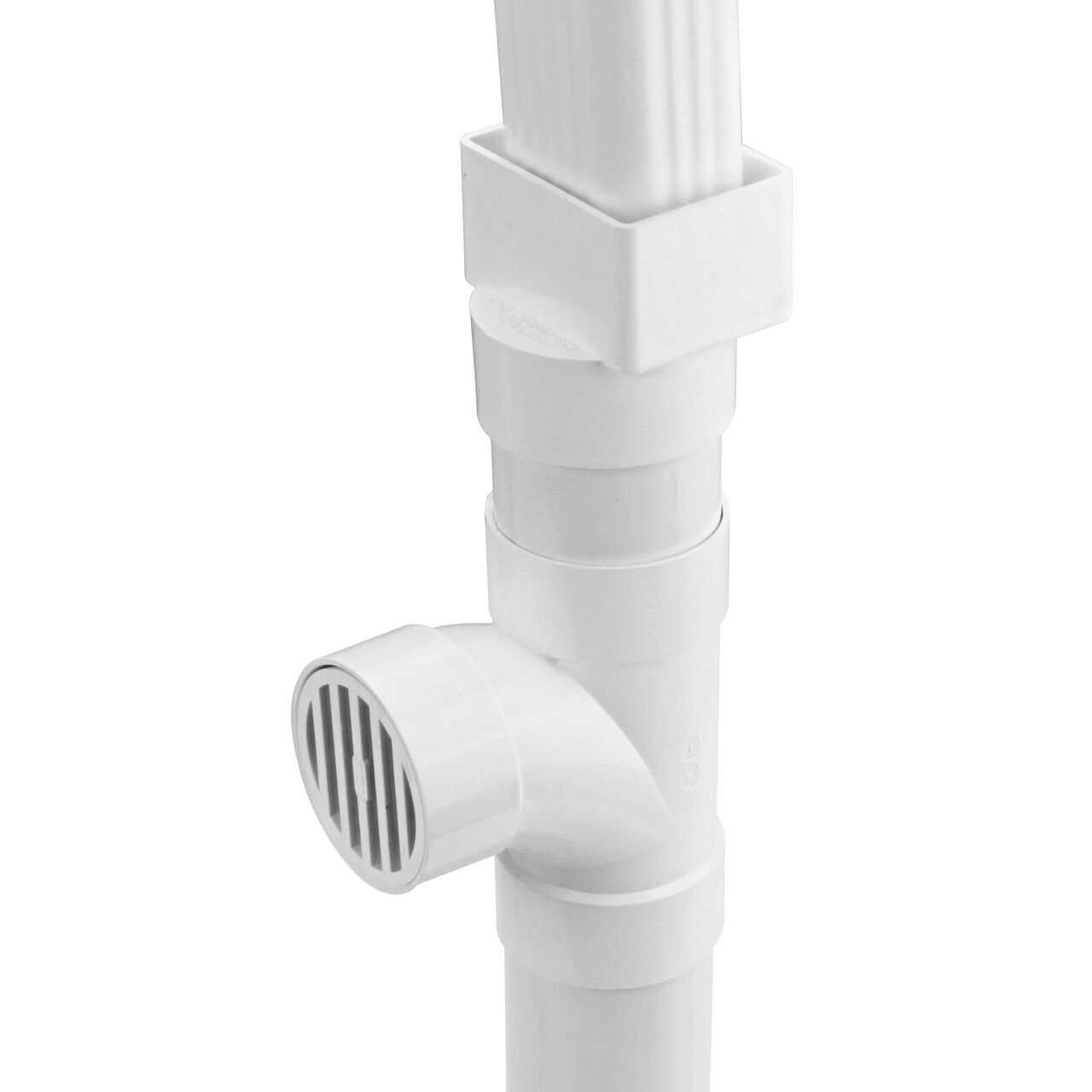 Assembled downspout assembly with the NDS 2X3 in. Downspout to 3 in. S&D Hub (NDS 9P03) downspout adapter installed with a 2X3 downspout, 3 in. S&D pipe, NDS Sanitary Tee (3P09) with a NDS 3 in. round S&D pipe & fitting grate (9P12) attached, and an additional 3 in. S&D pipe at the bottom