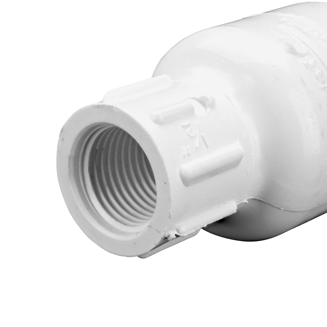 Closeup of the other threaded NDS White 1/2 in. IPS FPT X FPT PVC Adjustable Spring Check Valve with 2-5 lb. Spring (NDS 1205-05)