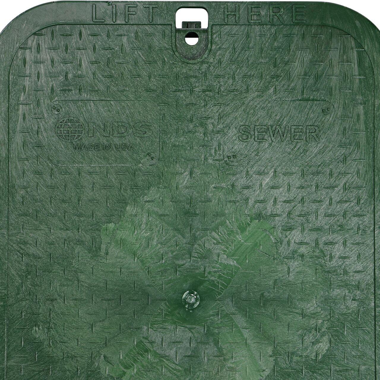 Closeup view of the Sewer markings on the Green Sewer cover for the NDS 13 in. X 20 in. Rectangular Standard Series Jumbo Valve Box (NDS 117BCS)
