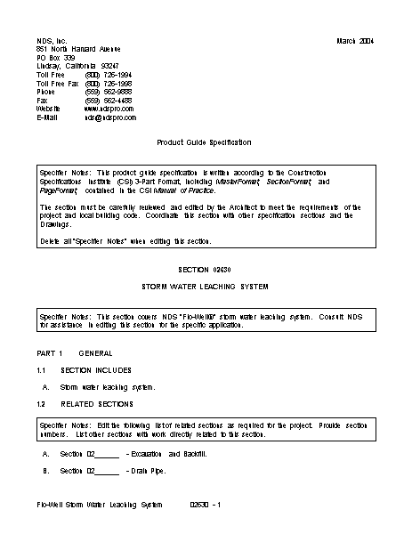 NDS Flo-Well® Dry Well System Storm Water Leaching System Written Spec