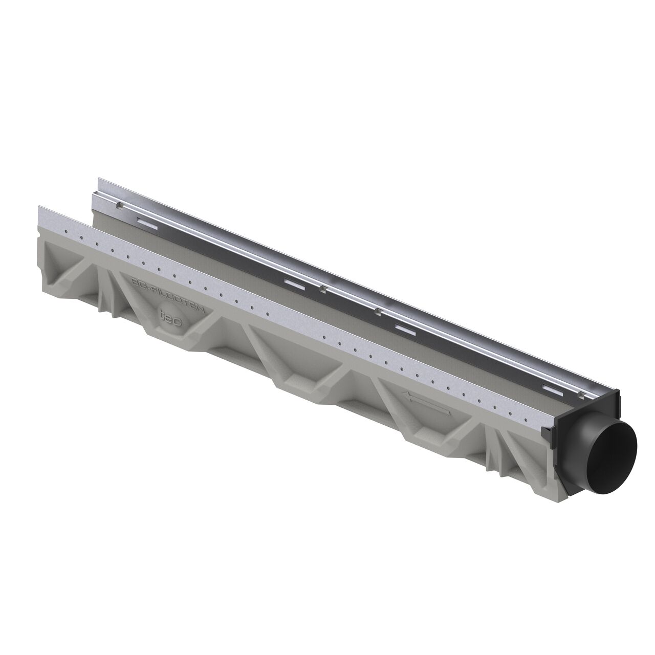 The BG-FILCOTEN® by NDS® 100 Galvanized Steel Trench Drain End Cap/Outlet installed on the inlet end of the BG-FILCOTEN® by NDS® 100 tec V or tec E channel trench drain