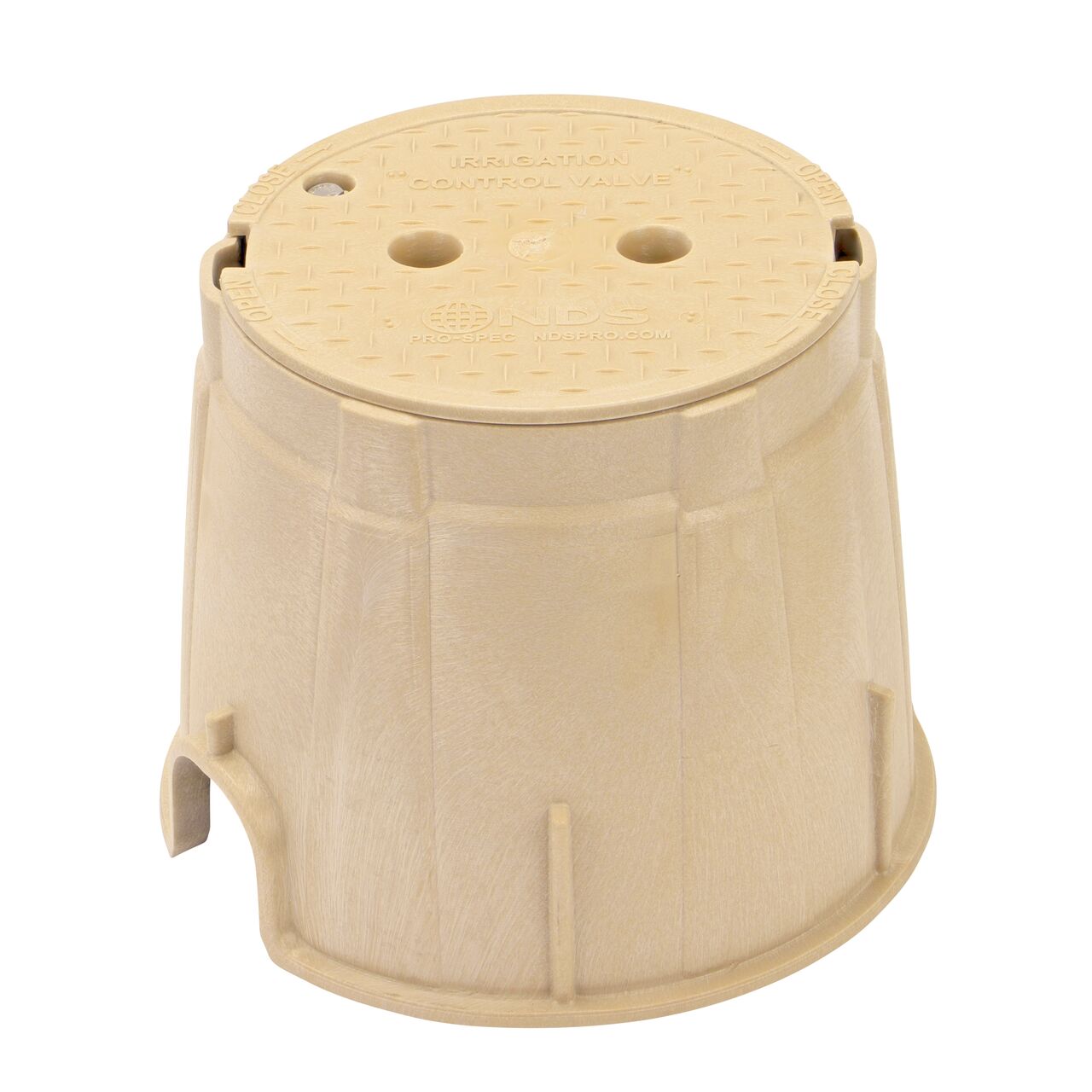 The NDS 10 in. Round Pro-Spec® Series Valve Box, Cover, with Bolt is a 10 in. high Sand Box and Sand Cover with Irrigation Control Valve markings on the lid (NDS 312BCBSAND); protect underground irrigation and sprinkler system components and keep them out of sight