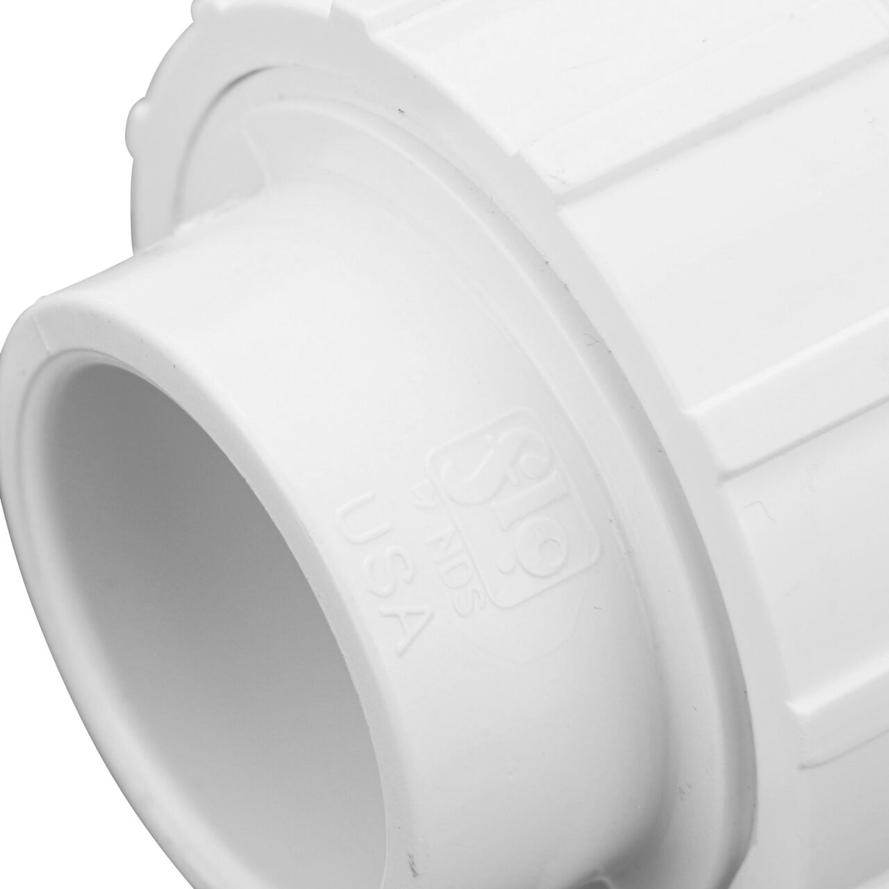 Close up view of the PVC Union, 1 in. Sch. 40 S X S showing NDS brand a leader in flow management solutions and the preferred choice of professionals since 1972 mark (NDS WU-1000-S)