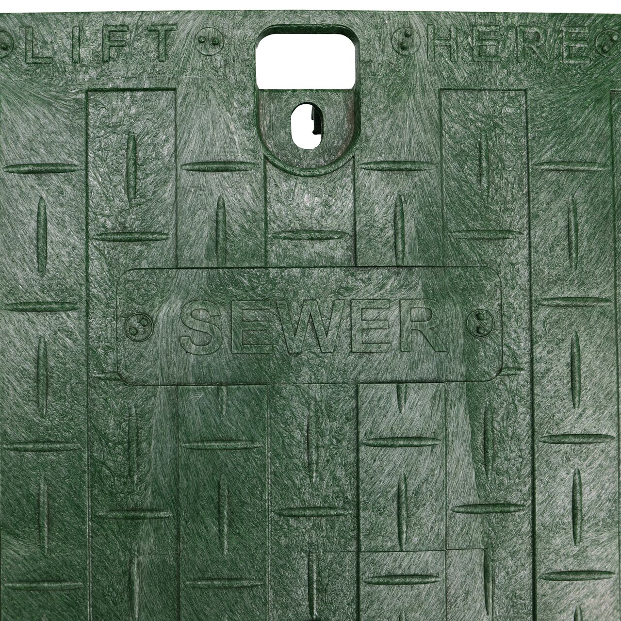 Closeup view of the Sewer markings on the Green Sewer cover (NDS 317CS) for the NDS 13 in. X 20 in. Rectangular Pro-Spec® Series Valve Box