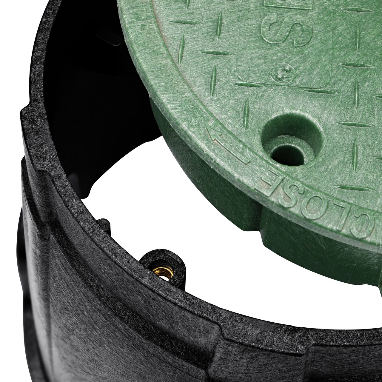 Align the bolt hole on the lid with the bolt hole from the NDS 10 in. Round Pro-Spec® Series Black Box and Green Sewer Cover (NDS 311BCS) for a secure fit