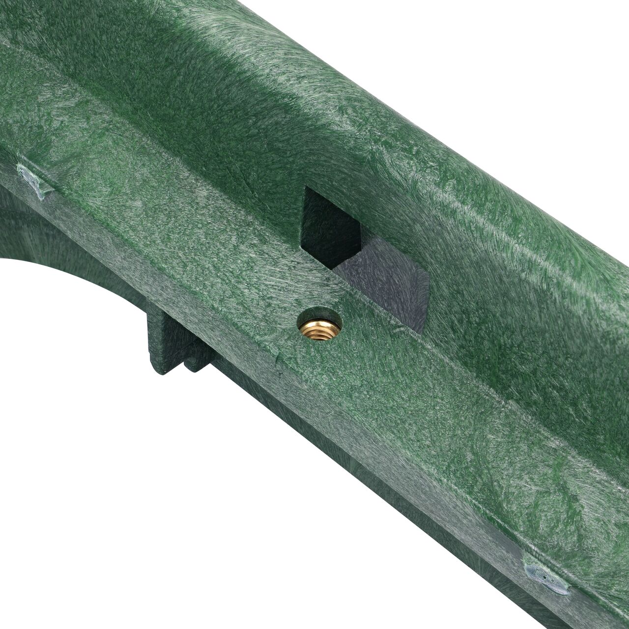 Closeup view on the bolt hole on the NDS Green plastic 13 in. X 20 in. Rectangular Standard Series Jumbo Valve Box Extension (NDS 118-6)