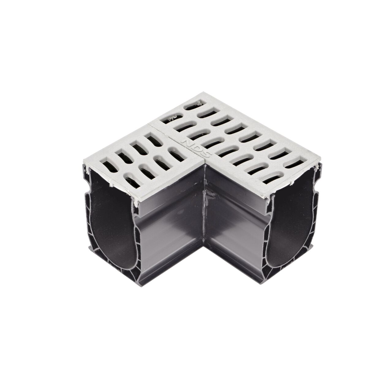 Hero shot of the Gray Slim Channel™ Drain 90° Elbow and Grate (NDS 9383)