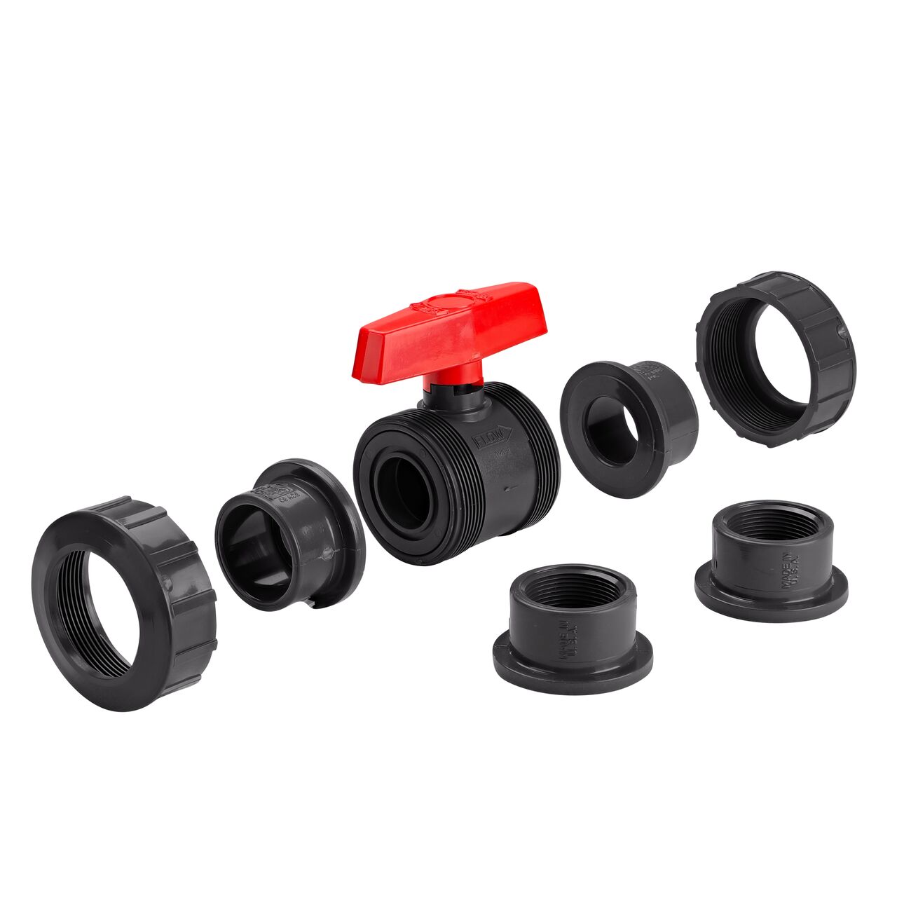 PVC True Union Ball Valve unassembled showing slip and threaded ends that connects two 1-1/2 in. Sch. 80 pipes
