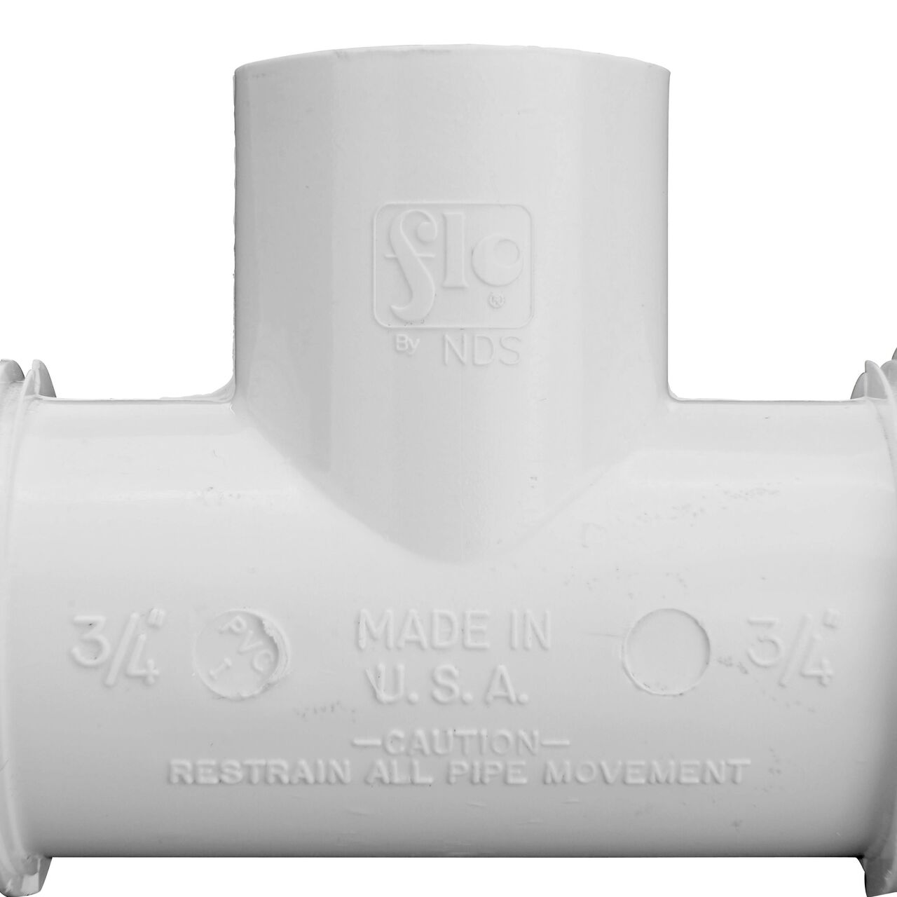 Closeup view of The NDS PVC Threaded Tees 3/4 in. UC X S IPS showing that it is made in the USA as part of a complete flow management system for pool, spa, irrigation, and plumbing applications (NDS CPT-0750-S)