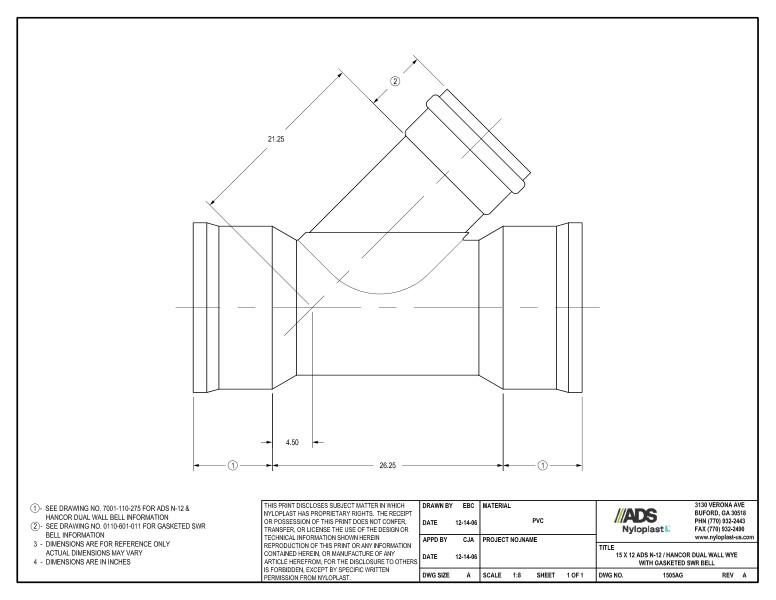 15 x 12 N-12 Dual Wall Wye with Gasketed SWR Bell Nyloplast Detail