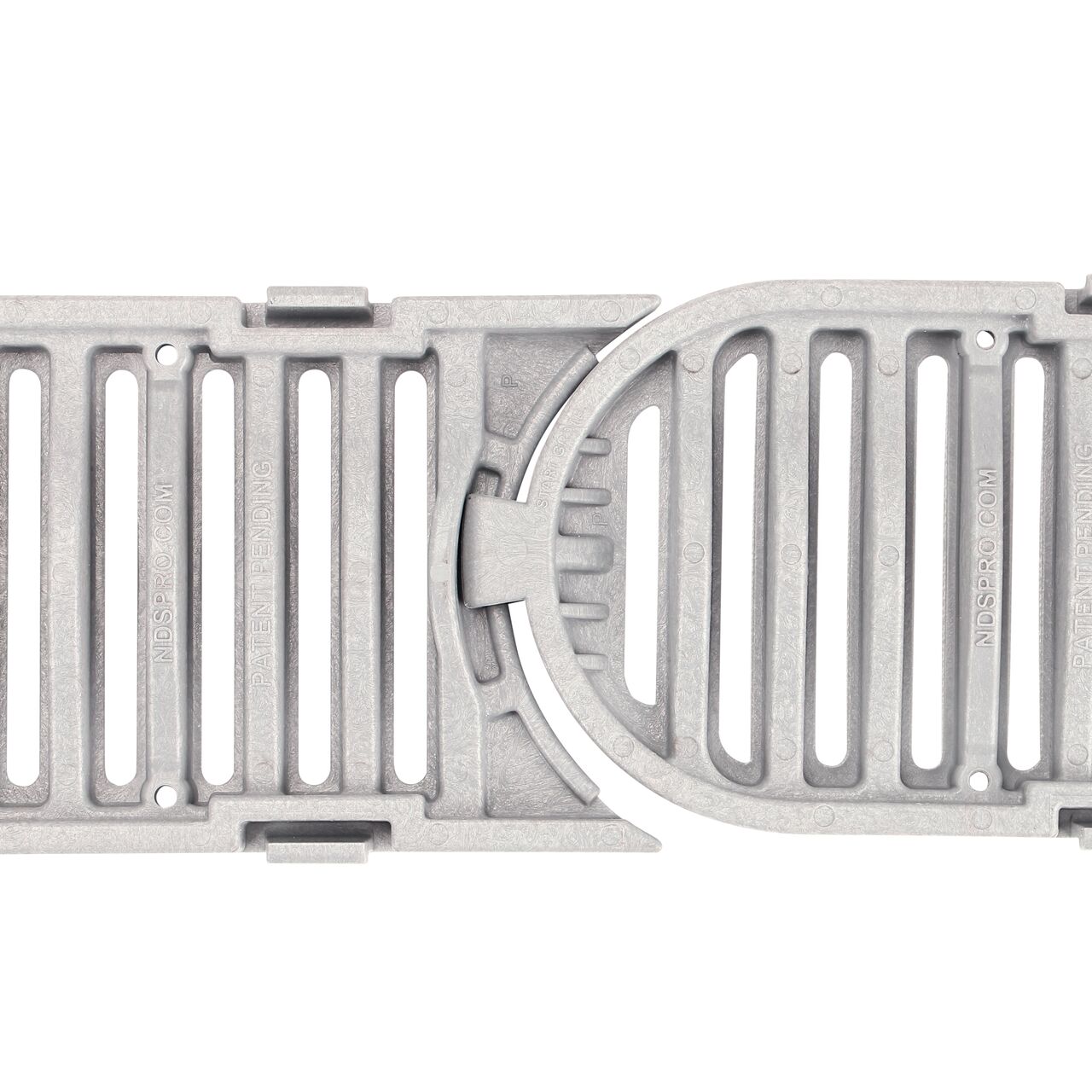 Closeup view of the underside of the grate showing the pivot joint in the straight position on the NDS Spee-D® Contour™ Channel Drain Start & End Kit (NDS 400-ACSE-WH)
