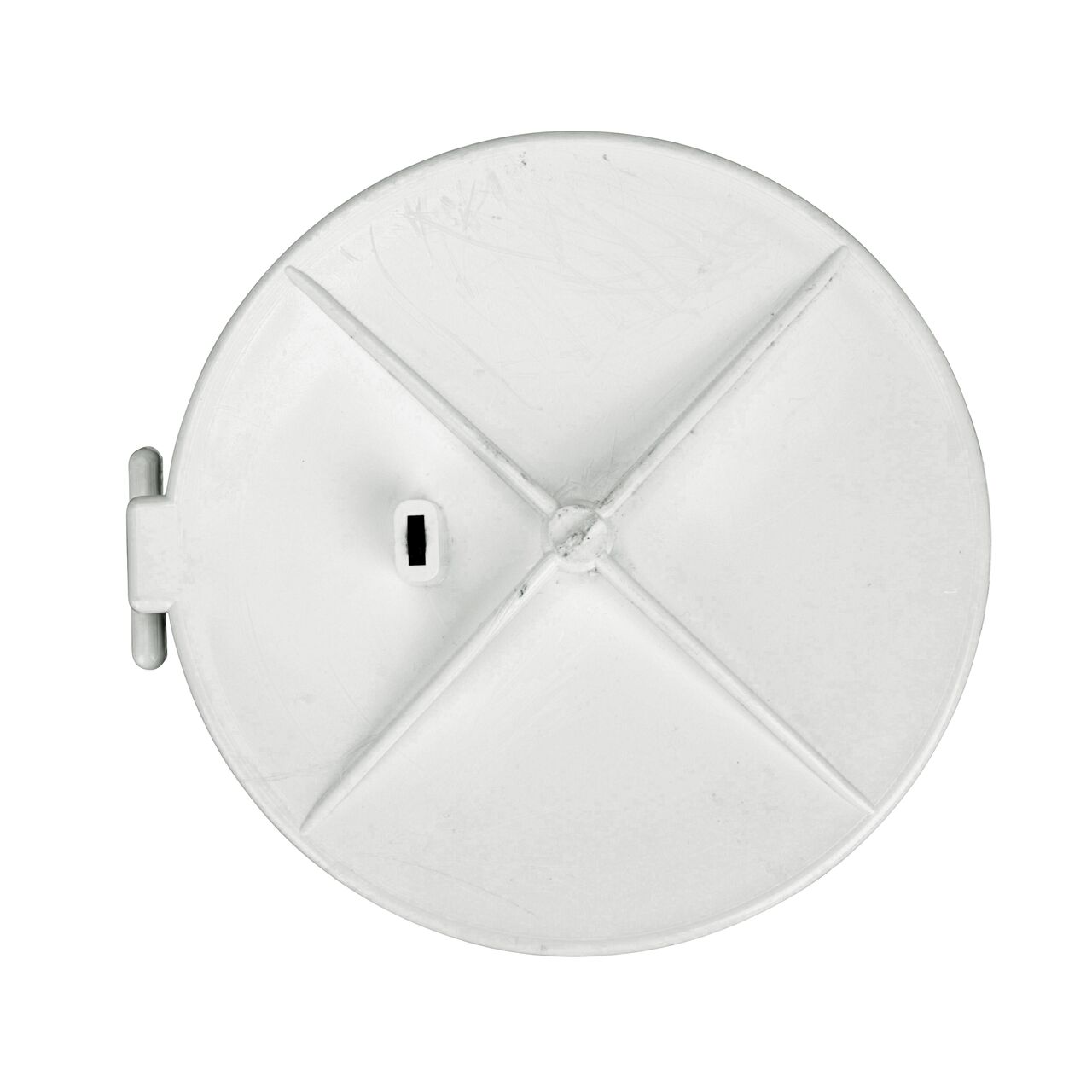 Top down view of the outside of the NDS 6 in. White Backwater Valve Flapper (NDS 1530603) showing flapper in closed position