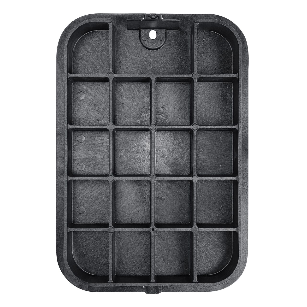 Top down view of the underside side of the black water cover for the NDS 14 x 19 in. Square valve box Series (NDS 113BCBW) showing reinforcing ribs that are load rated to withstand pedestrian traffic and the rigors of lawn care equipment