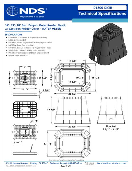 NDS 14 in. X 19 in. Rectangular D1800 Meter Box and Drop-in Cover, 18 in. Height, Black Box, Black Water Meter Cover with Cast Iron Reader Tech Spec