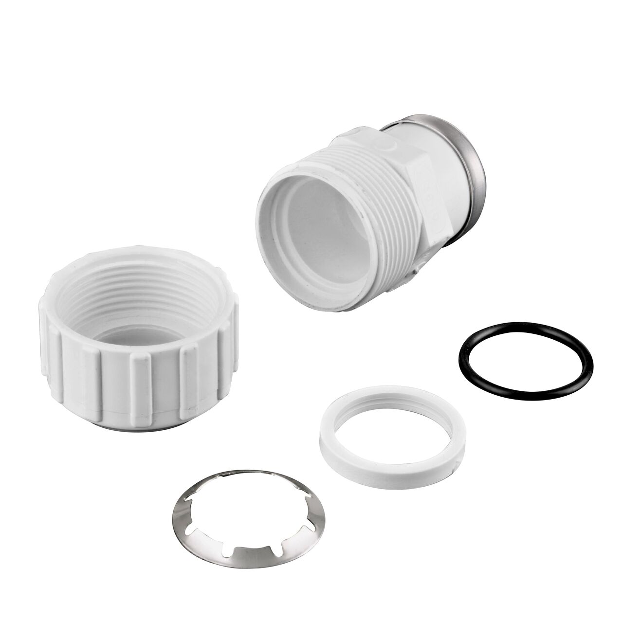 The NDS 1 in. FPT Flo-Lock™ Gripper Adapter fully unassembled showing the steel gripper and EPDM O-Ring (NDS 136-10)
