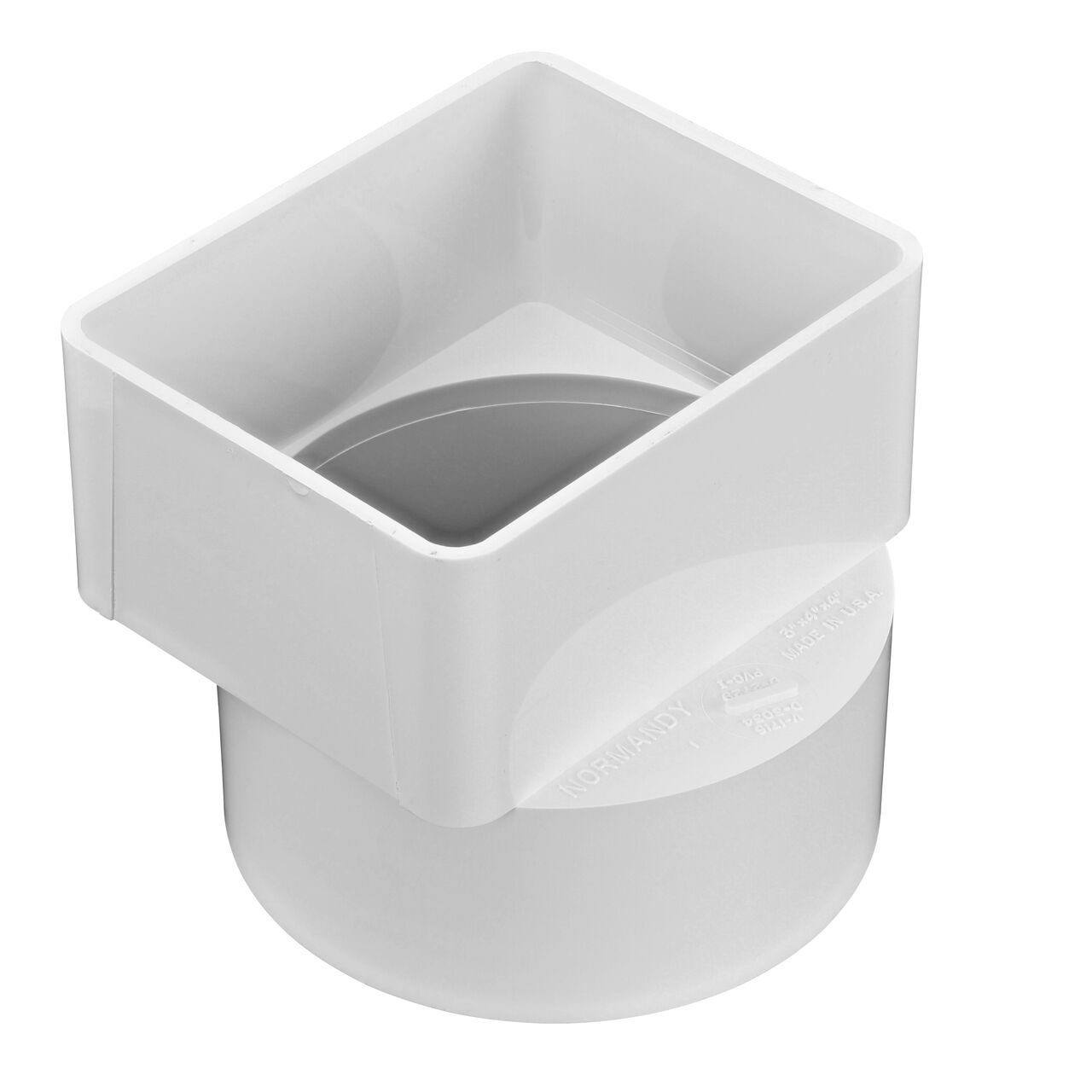 The PVC Offset Downspout Adapter, connects 3X4 in. Downspout to 4 in. S&D Hub (NDS 9P13), the offset design allows for proper alignment of drainage pipe beneath a downspout fastened directly against the building wall
