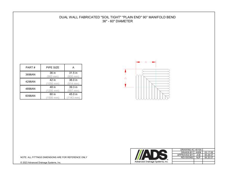 36" - 60" Fabricated Soil Tight Plain End 90 Degree  Manifold Bends (HDPE Dual Wall Fabricated Manifolds Fittings)