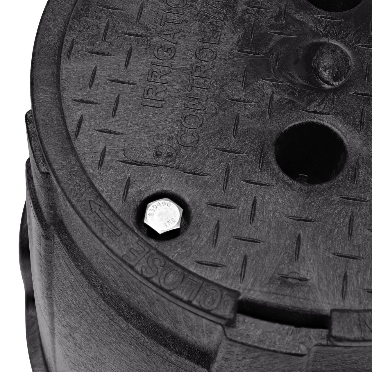 The valve box lid and bolt securely in place on the NDS 10 in. Round Pro-Spec® Series Black Box and Black Irrigation Control Valve Cover (NDS 311BCBBLK) keeping components protected against the elements, foot traffic, lawn care equipment, and potential vandalism while keeping them out of sight