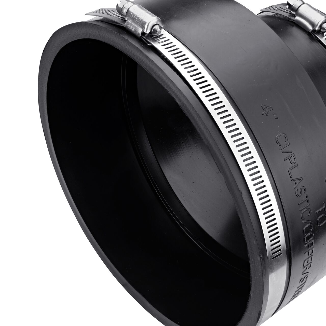 Closeup view of the large end on the NDS flex coupling for 6 in. clay pipe to 4 in. cast iron or plastic pipe (NDS 02-64)