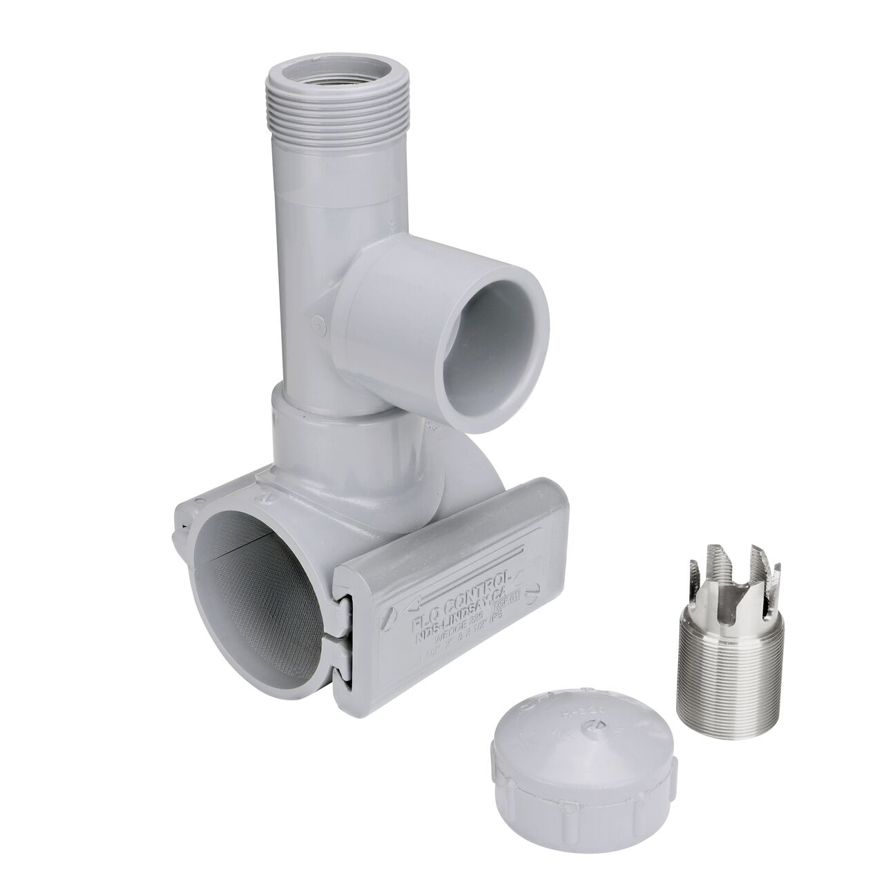 Unassembled view of the 2-1/2 in. NDS Flo-Tap™ Rigid PVC saddle with 1-1/2 in. socket or 2 in. spigot connection on top (NDS 3225) includes a patented wedge to secure on PVC pipe and built-in saw tooth cutter with cap at the top