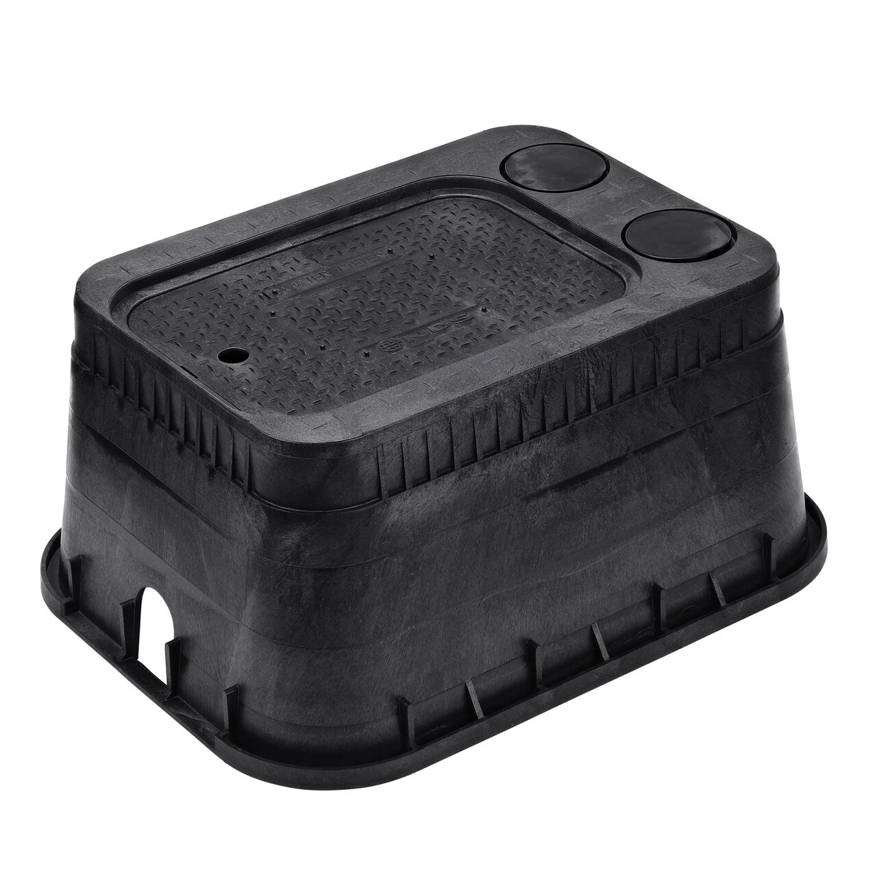 The NDS 13 in. X 20 in. Rectangular AMR Meter Box and Cover is a 12 in. high Black Box and Black Cover with Water Meter markings on the Overlapping AMR lid (NDS D15AMR2-DUOLSB) with dual pipe slots on one side of box
