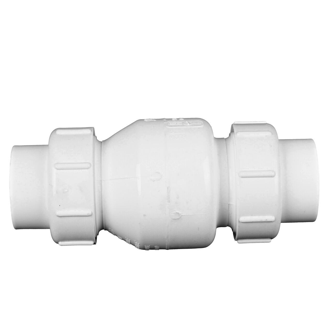 Side to side view of the NDS White 2 in. union end by union end PVC True Union Swing Check Valve (NDS 1720-20) which prevents backflow in pipelines