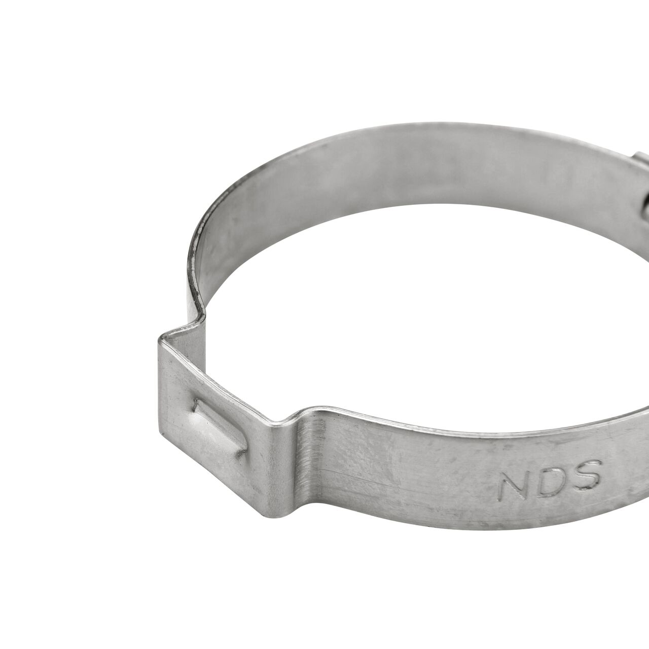 Closeup of the pinch clamp ear end on the NDS 346R Stainless Steel Pinch Clamp (NDS NC155000-021) which bends to confirm a secure, permanent closure.