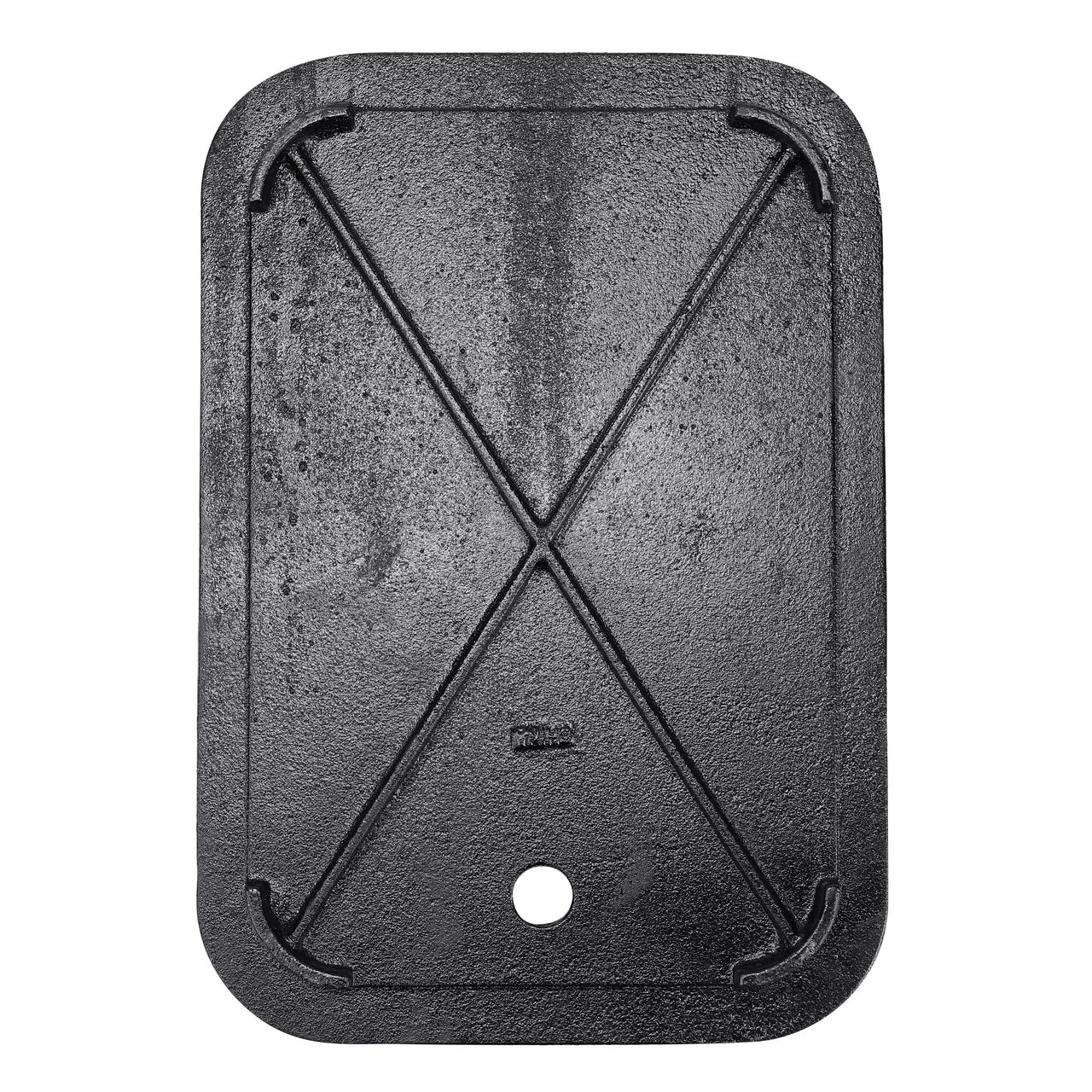 Top down view of the underside of the Black Cast Iron Water Meter cover (NDS D1200-CIL) for the NDS 14 in. X 19 in. Rectangular Standard Series meter box showing reinforcing ribs that help support pedestrian and lawn care equipment and hinged Cast Iron reader door