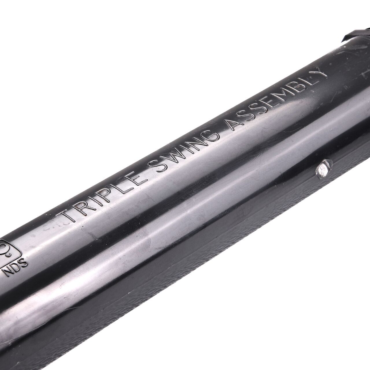Closeup view of the NDS PVC Triple Swing Joints Assembly, Sch. 80 1 in. MPT for subsurface irrigation and sprinkler applications is clearly marked and offers flexibility that protects pipelines from damage (NDS TSA-1000-TT)