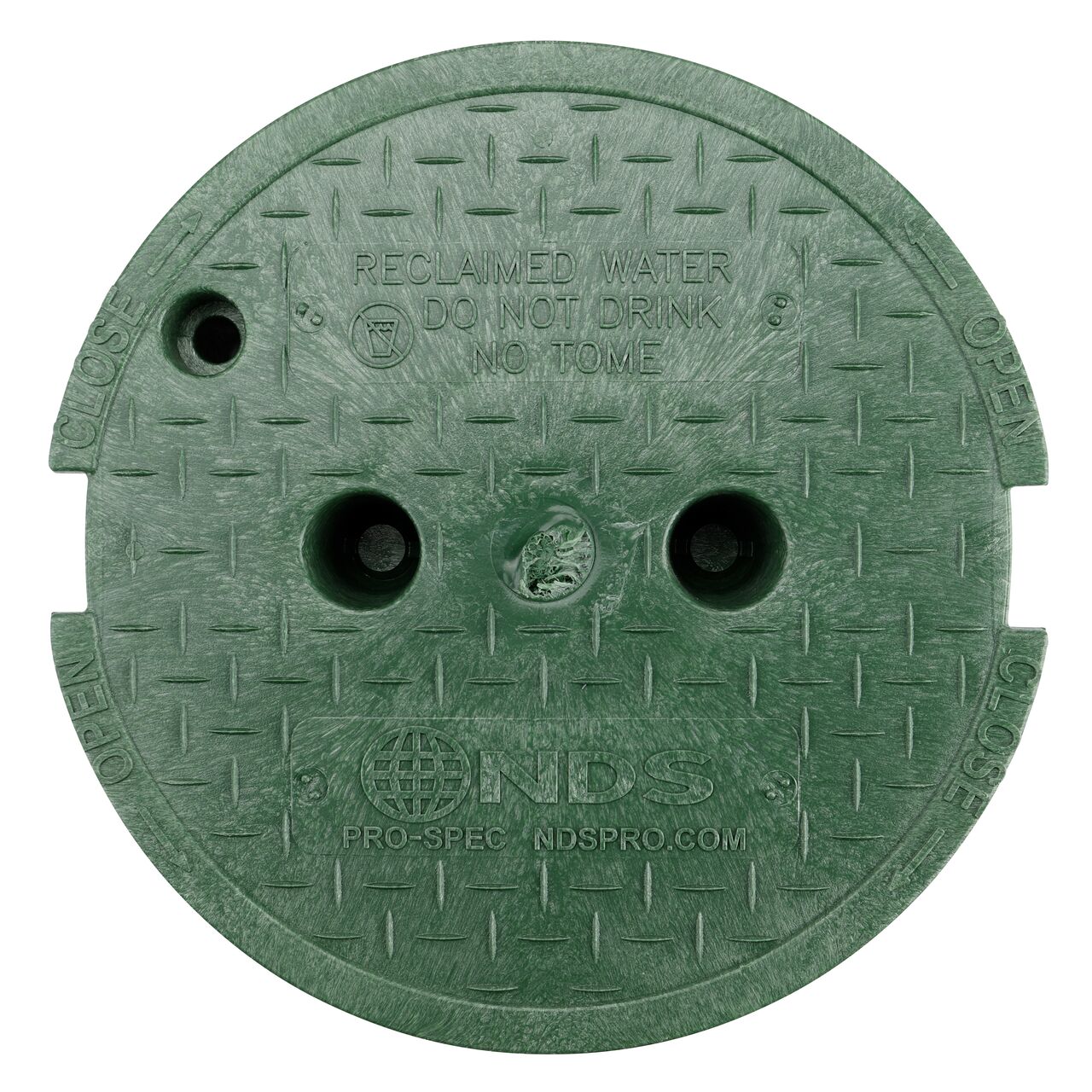 Top down view of the top side of the Green Reclaimed Water cover for the NDS 10 in. Round Pro-Spec® Series (NDS 312BCRG) shows markings, two finger slots to twist and remove lid