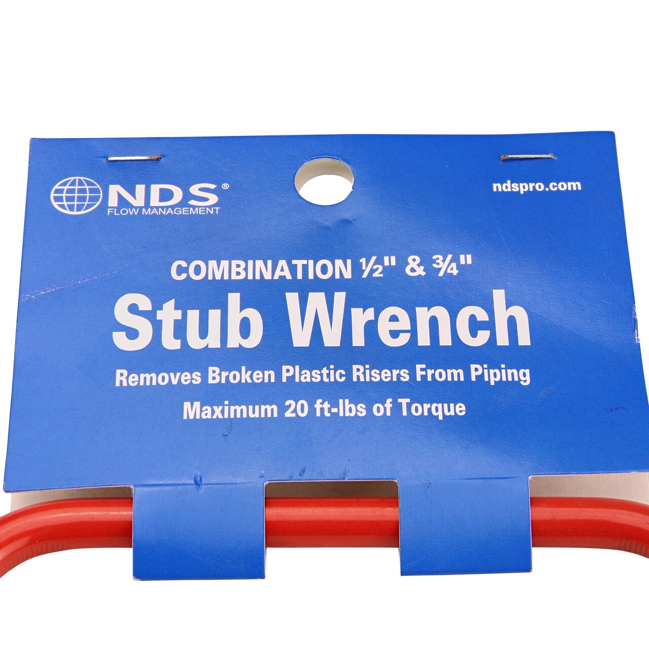 Closeup view of NDS 1/2 in. and 3/4 in. Stub Wrench Riser Extractor Steel Handle product tag showing that it can withstand up to 20 lbs of Torque (NDS SW-0500-C)
