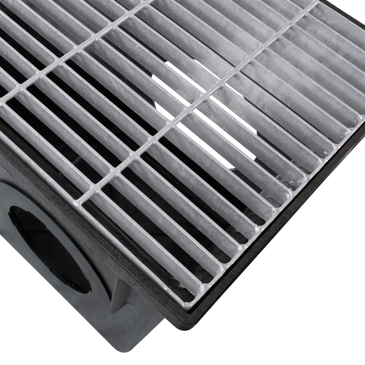 Closeup view of 18 in. Square Catch Basin Drain Grate, Galvanized Steel (NDS 1815) sitting on a NDS 18 in. Square Catch Basin (NDS 1882)