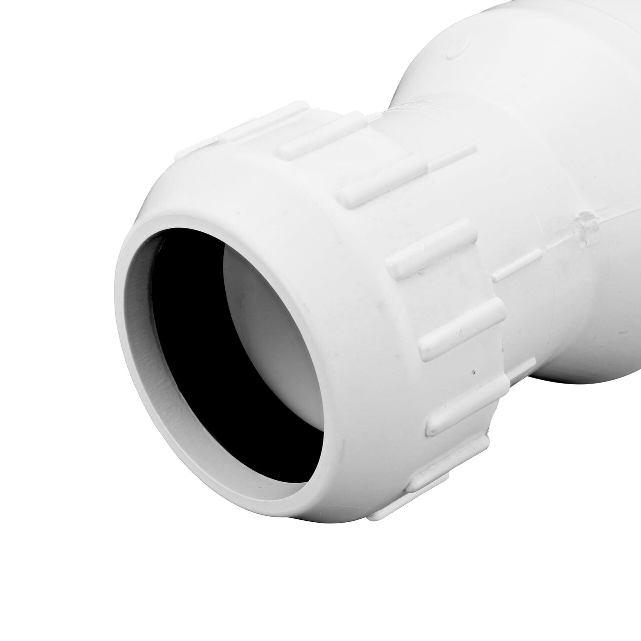 Closeup of outlet compression end of the NDS White 3 in. PVC Compression Swing Check Valve (NDS 1500-30)