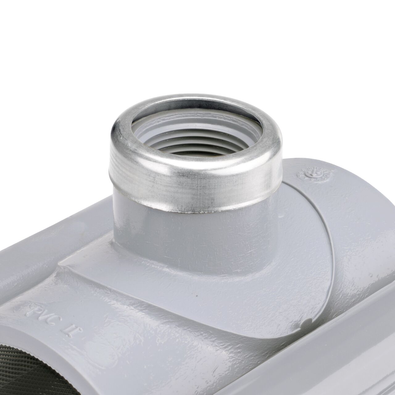 Closeup of the 3/4 in. FPT connection on the NDS Clamp-It™ Rigid PVC Saddle (NDS 422007) for 2 in. PVC pipe