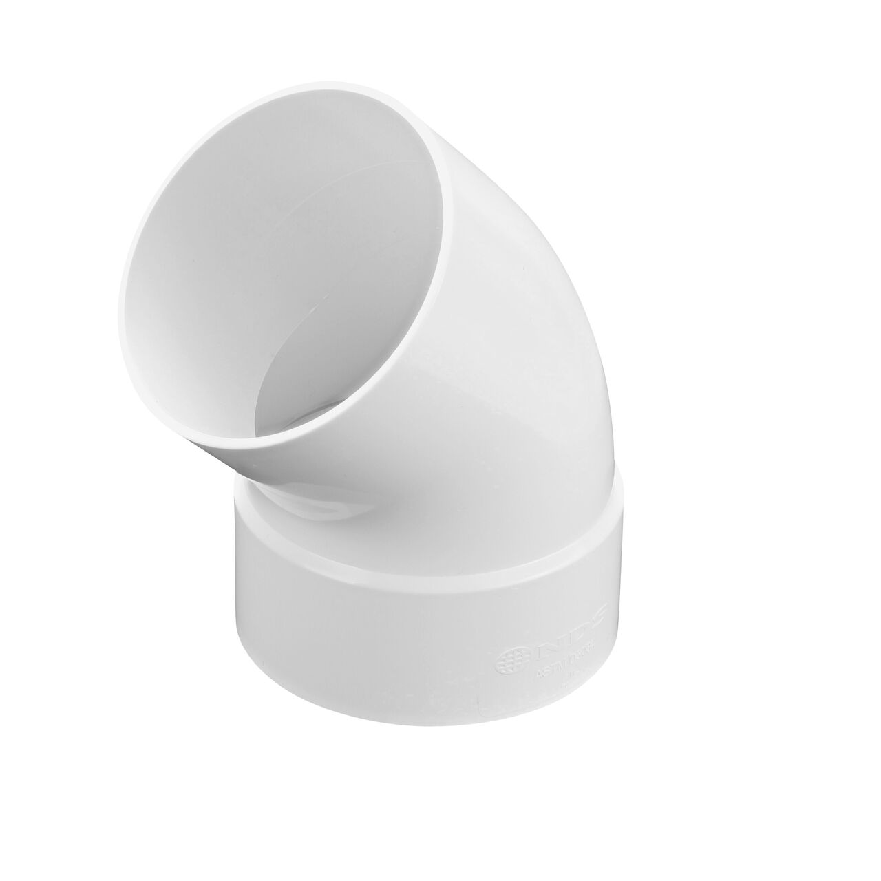 PVC 45° street elbow, connects 4 in. Sewer and Drain pipes; Hub X Spigot connection (NDS 4P03ST, NDS L4P03ST)