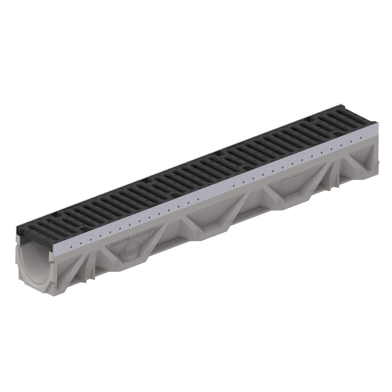 Two class E slotted ductile iron BG-FILCOTEN® 100 Trench Drain Grate (NDS 17010105) installed on one BG-FILCOTEN® 100 Trench Channel Drain with female end showing