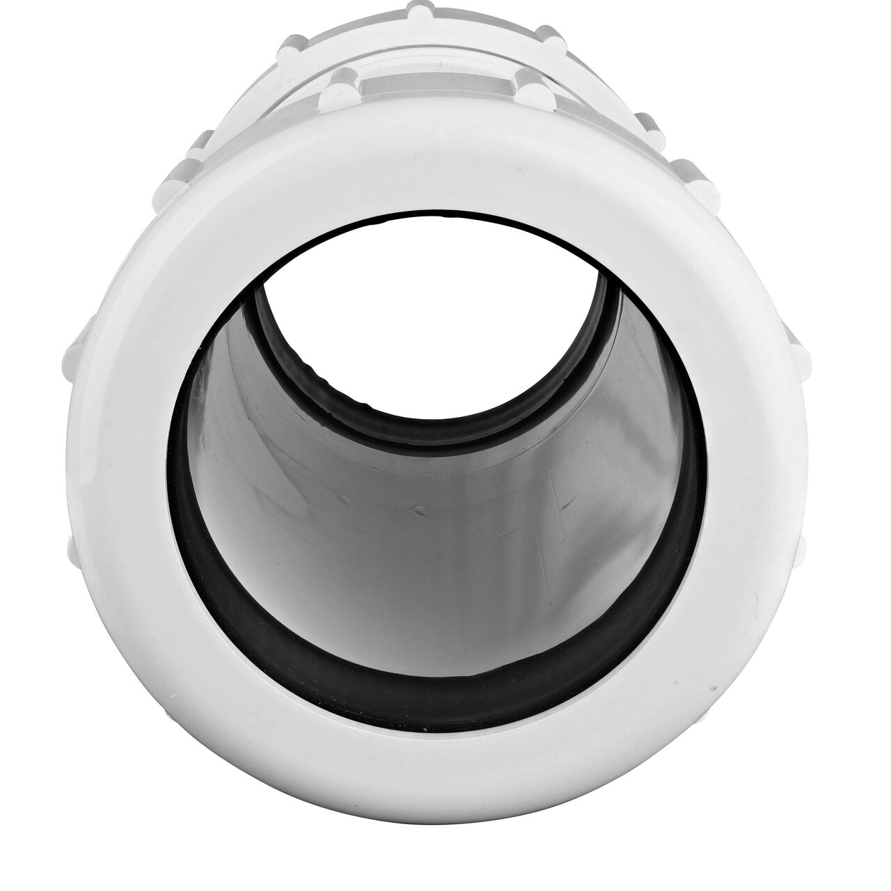 The NDS 3 in. IPS UC Compression Coupling showing the gasket inside the adjustable nut that secures it in place once installed (NDS CPC-3000)