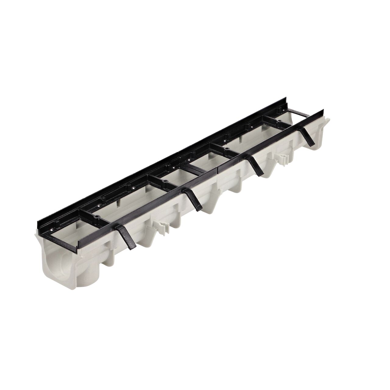 Two Dura Slope Channel Drain Frames (NDS DS-200H) installed on a NDS Dura Slope Channel Drain (NDS DS-091) with the #6 X 3/4 in. Phillips Pan Head Screws (NDS DS-123) with male end facing camera