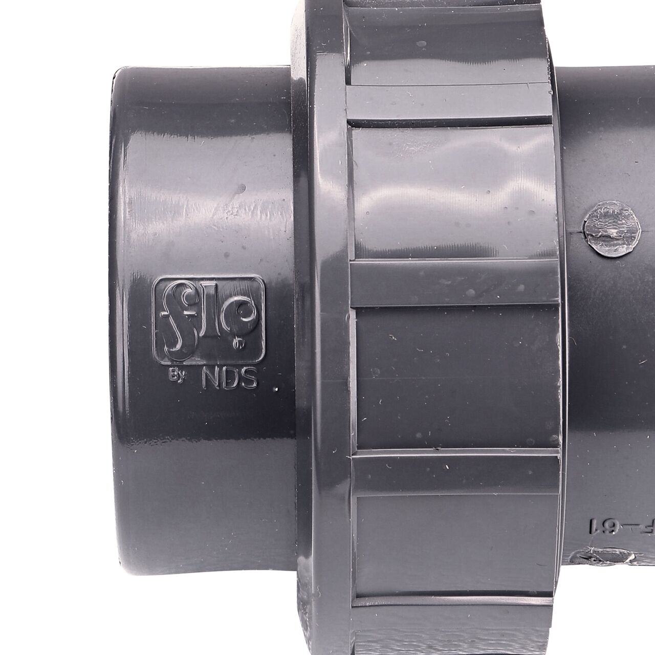 Close up view of the NDS 2 in. PVC FPT Union showing NDS brand a leader in flow management solutions and the preferred choice of professionals since 1972 mark (NDS U-2000-T)