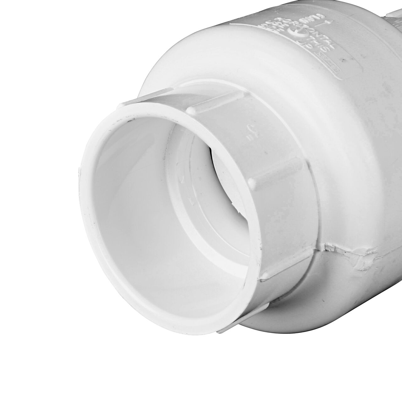 Closeup of the inlet end on the NDS White 3 in. slip end by slip end PVC Swing Check Valve (NDS 1520-30) which prevents backflow in pipelines