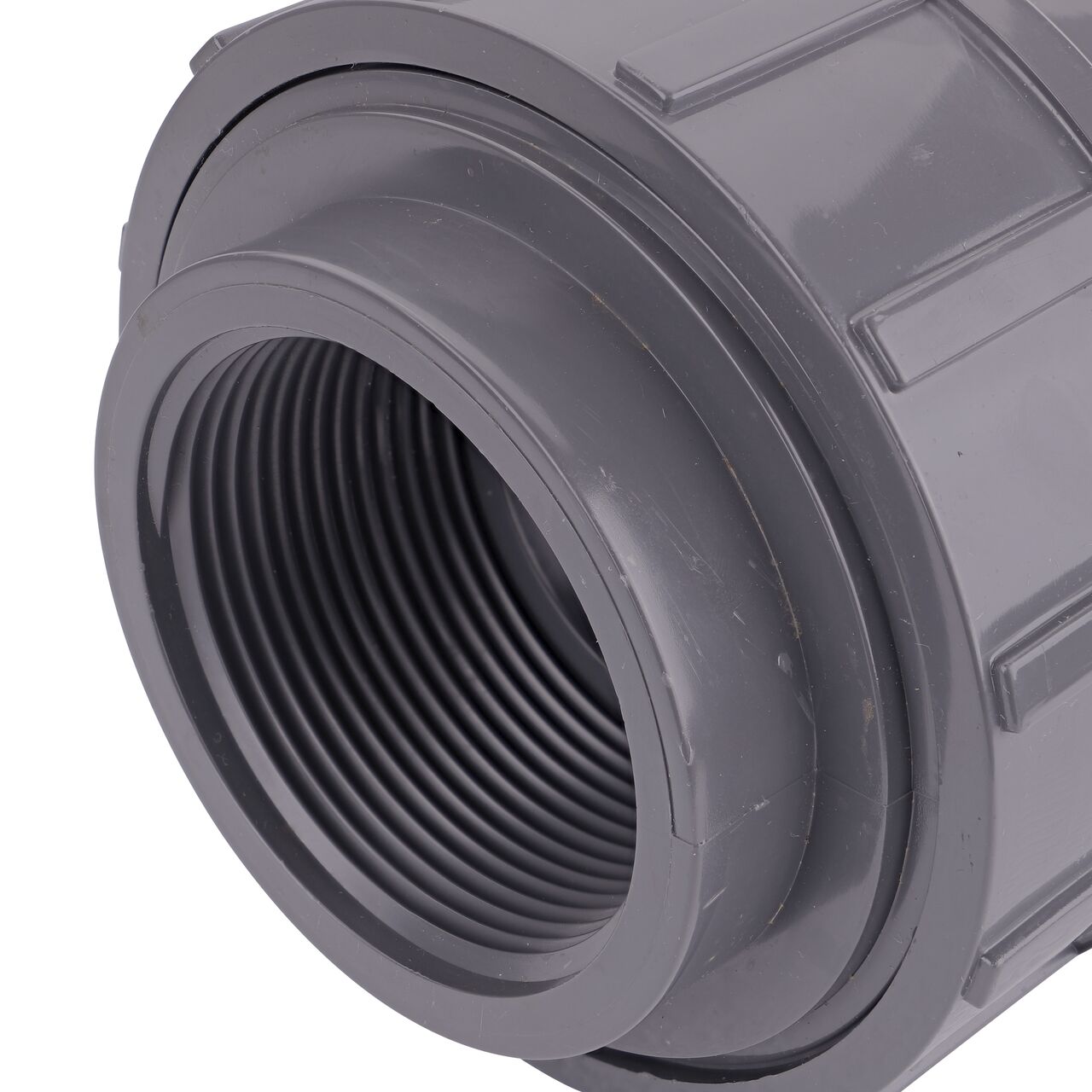 Closeup view of one threaded end on the NDS 2-1/2 in. PVC Union (NDS U-2500-T) which provides a corrosion-free connection between pipes and prevents costly property damage