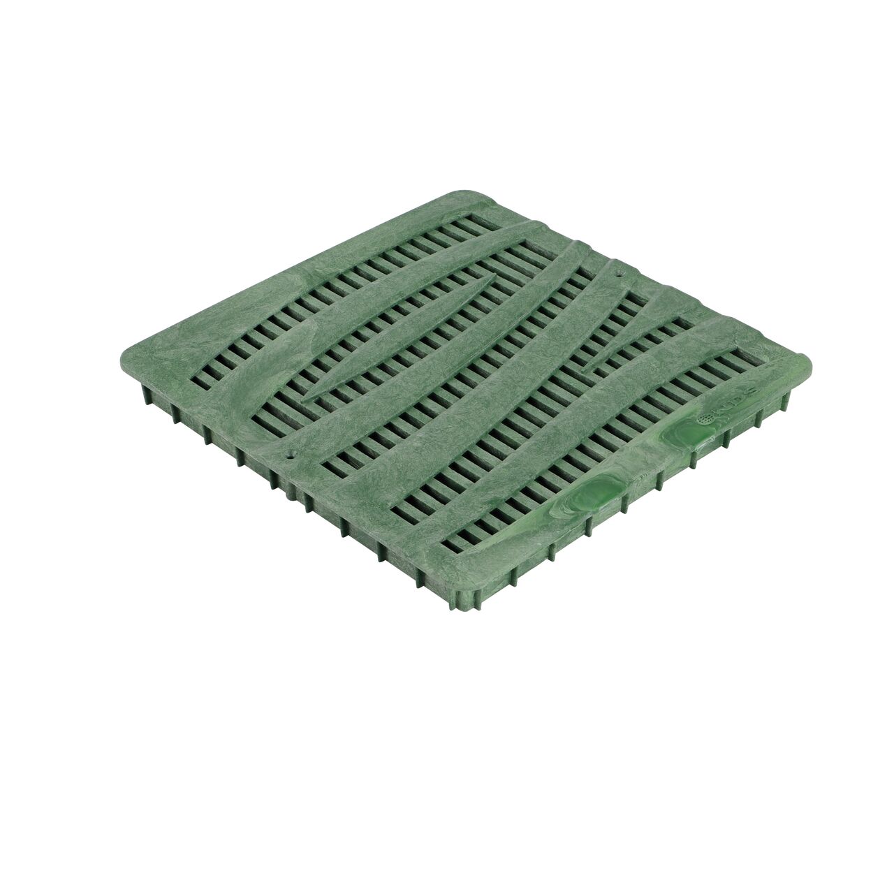 Green plastic 12 in. Catch Basin Grate (NDS 1224GR, NDS 1224GRRTL-4, NDS M1224GR) with a decorative wave design drains water as it blocks pipe-clogging debris