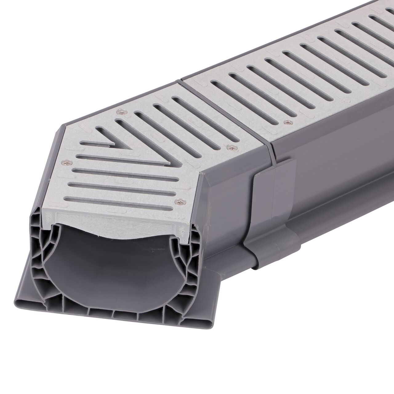 Connect one end of the NDS Spee-D® Channel Drain and Grate with 45° Elbow, Gray Plastic (NDS 2301) to a Spee-D® Channel Drain and Grate (NDS 241) with the Spee-D® Channel Drain Coupling (NDS 248) to make a bend in your channel drain system