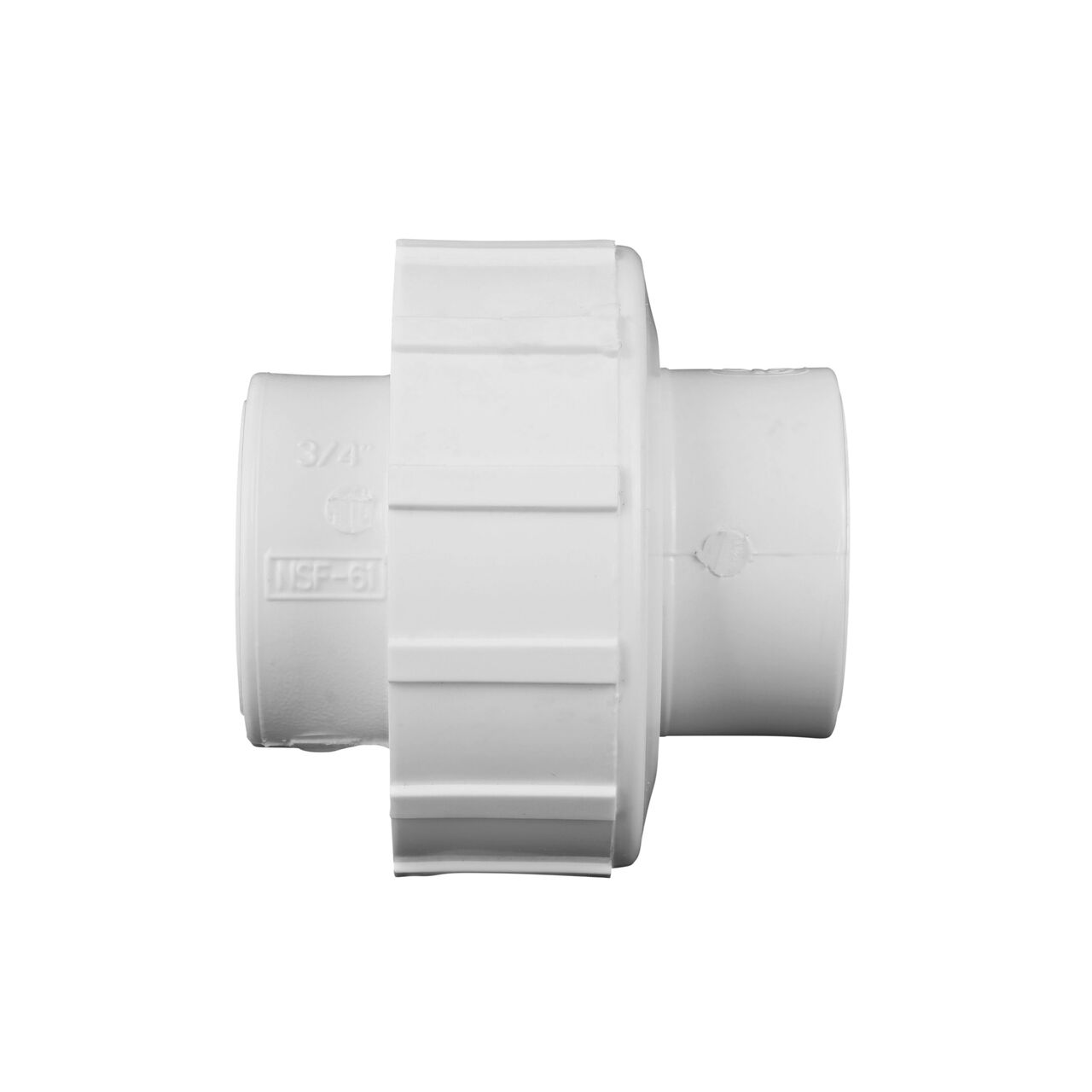 Side view of PVC Union, 3/4 in. Sch. 40 FPT X FPT showing two threaded ends that slide onto Sch. 40 pipe ends (NDS WU-0750-T)