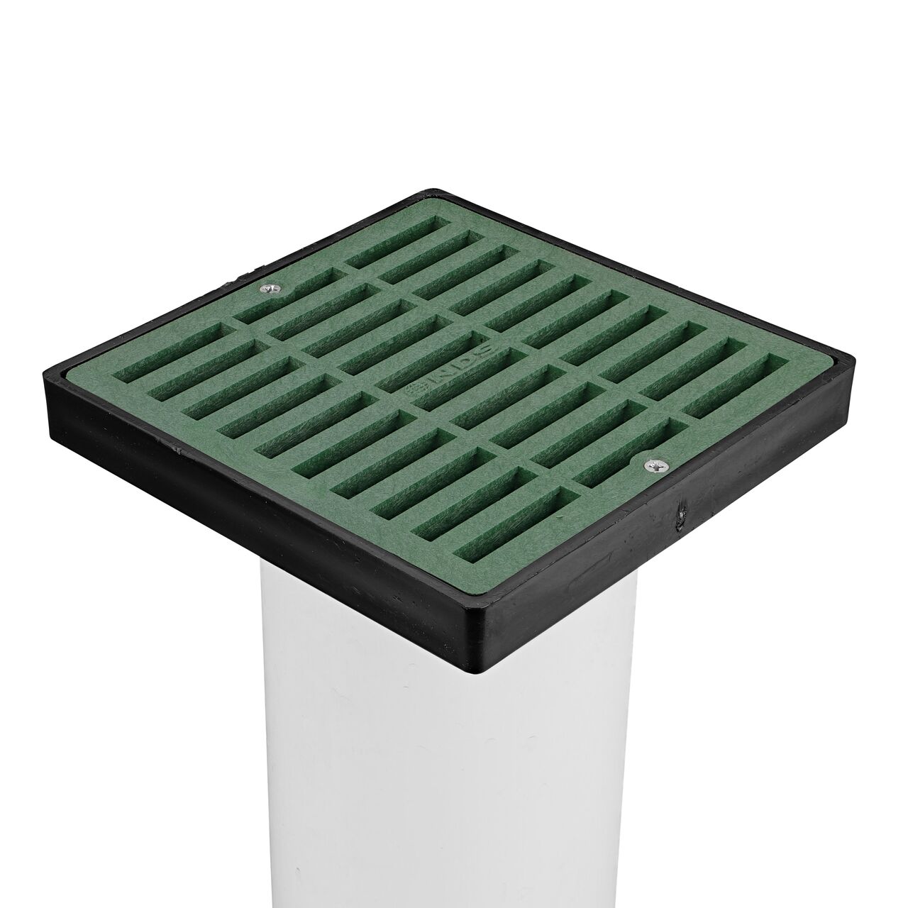 NDS Green plastic 6 in. Square Grate Fits 3 & 4 in. Draing Pipes and Fittings installed on 4 in. S&D Pipe (NDS 641)