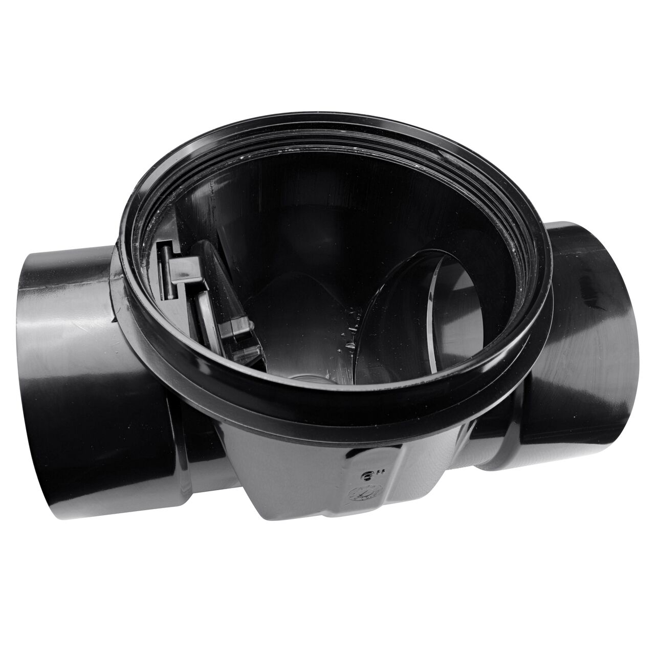 The flapper closed inside of the NDS Black 6 in. ABS Backwater Valve (NDS 675) controls the flow of water