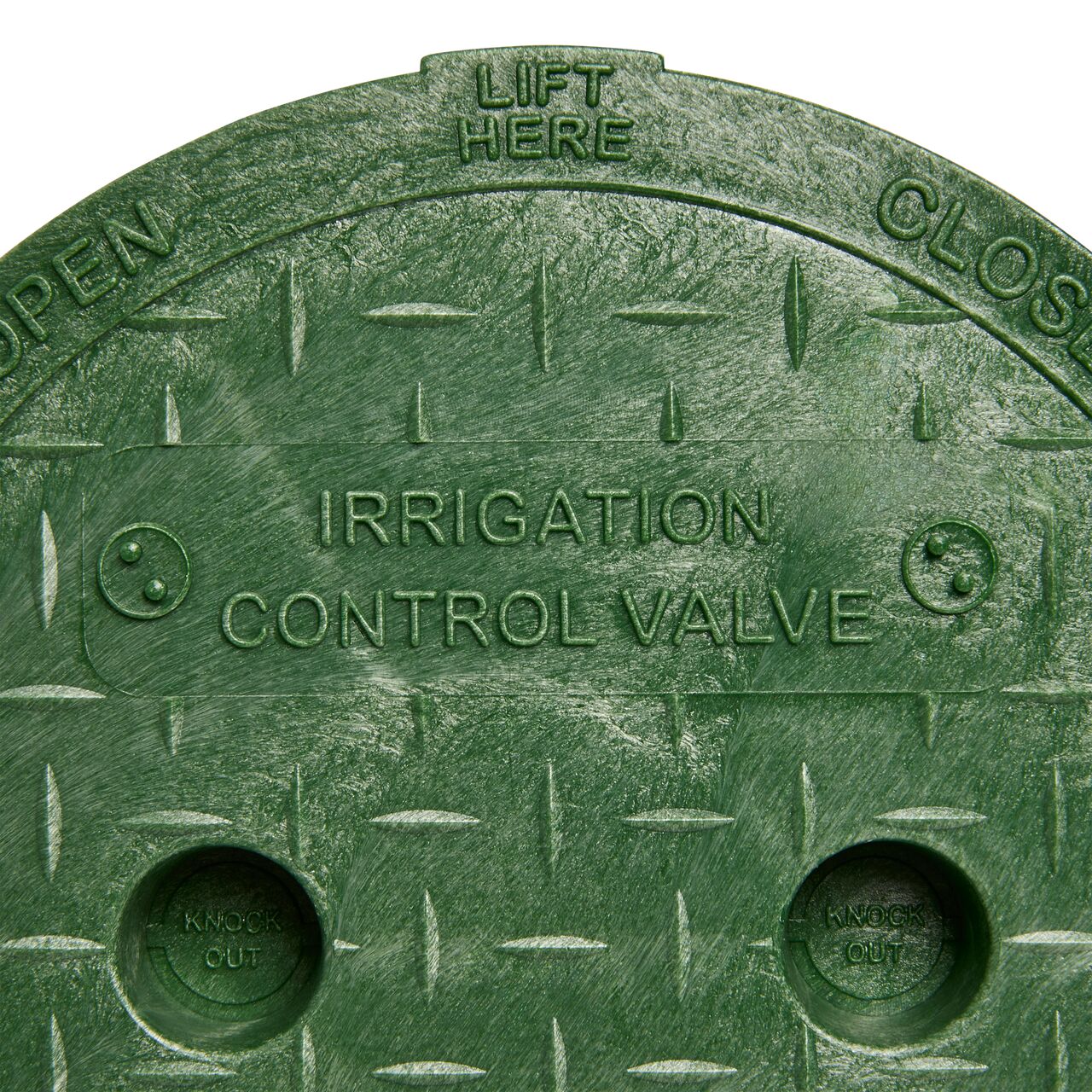 Closeup view of the Irrigation Control Valve markings on the Green Irrigation Control Valve cover for the NDS 6 in. Standard Series Valve Box (NDS 2108BC)