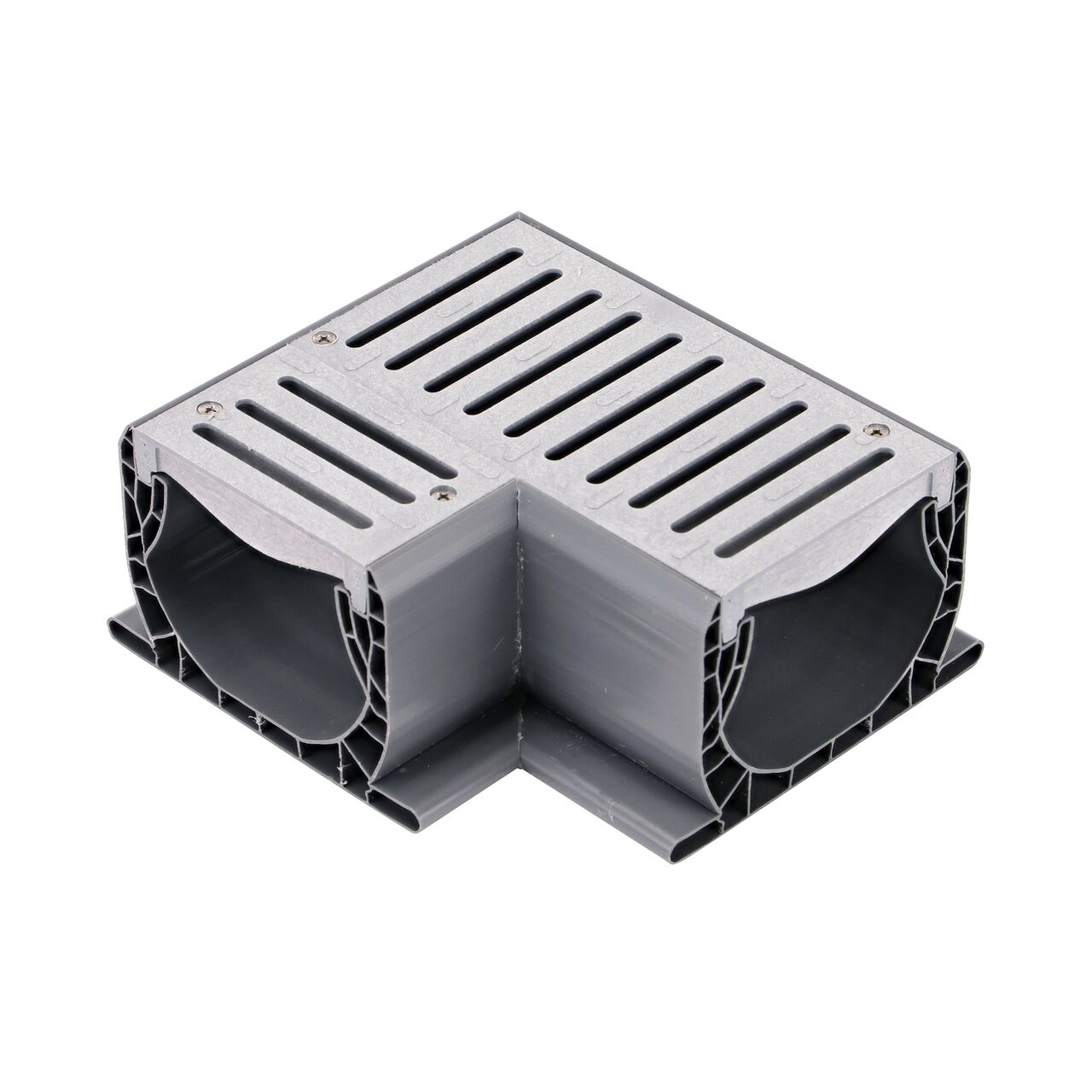 Hero shot of Spee-D® Channel Drain 90° Elbow and Grate, Gray Plastic (NDS 2381, 2381*) which can be used with the Spee-D Channel Drain system