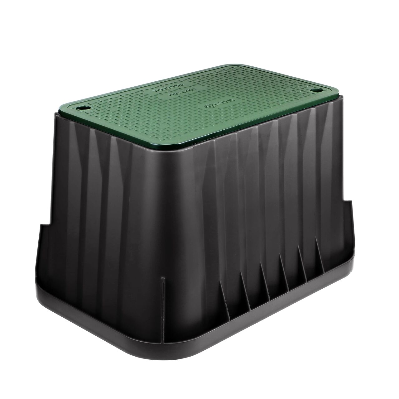 The NDS 17 in. X 30 in. X 24 in. Rectangular Pro-Spec Series Telecom Box and Cover is an 24 in. high Black Box and Green Cover with telecom markings on the lid; protects and conceals components and includes two bolt holes and bolts to secure cover to box (NDS 326BCBT)
